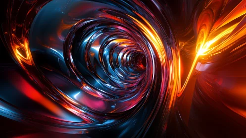 Spiraling molten tunnel in luminous abstract 3D space.