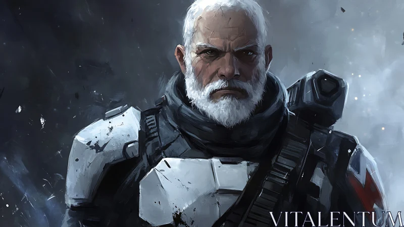Veteran space commander in worn white tactical armor portrait.