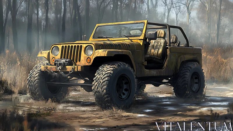 Mud-splattered off-road jeep in misty forest clearing.