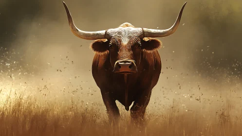 Powerful horned bull strides through dustlit golden field