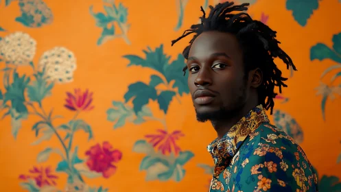 Man in patterned shirt against orange floral backdrop.