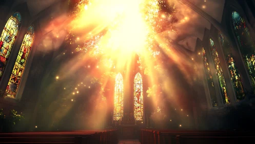 Sunlit cathedral nave glows through radiant stained glass.