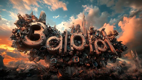 3D bold metal typography in dense futuristic cityscape.