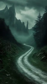 Misty mountain road winds toward jagged, shadowed peaks.