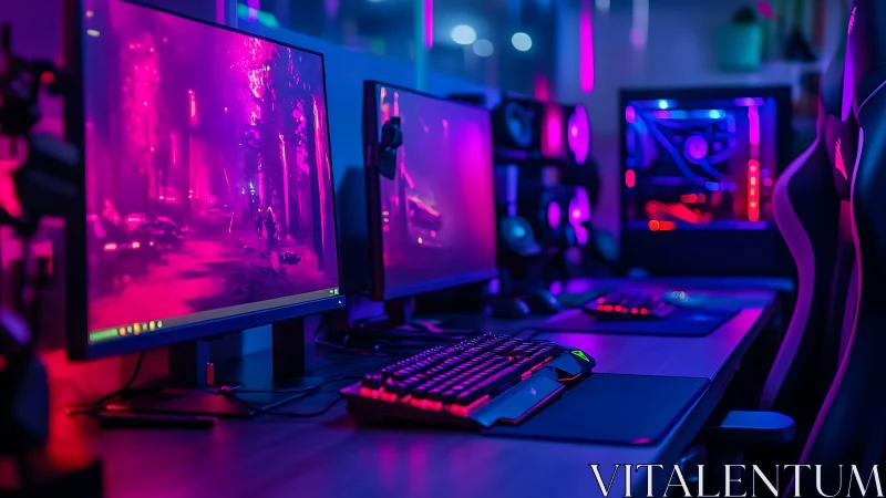 Neon gaming desk glow with dual monitors and cozy vibes.