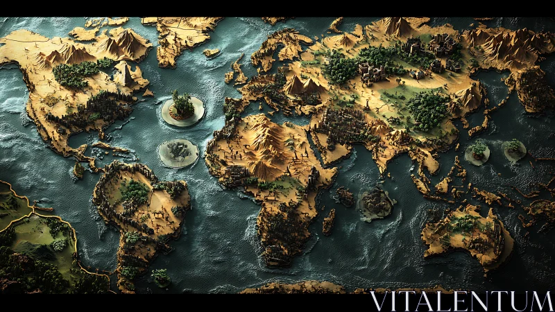 Fantasy world map rises in sculpted 3D terrain and oceans