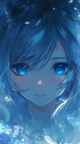 Glistening blue haired girl in luminous underwater light.