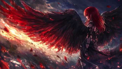 Crimson-winged guardian pausing between dusk and flame.