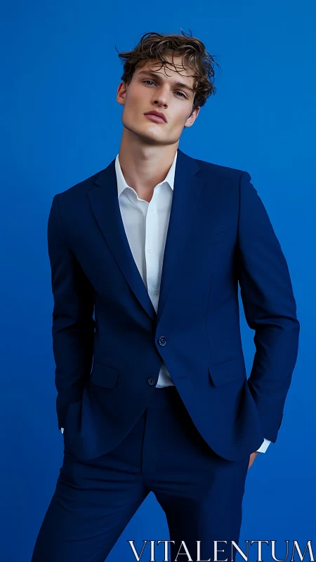 Male model in sharp blue suit against bold monochrome background