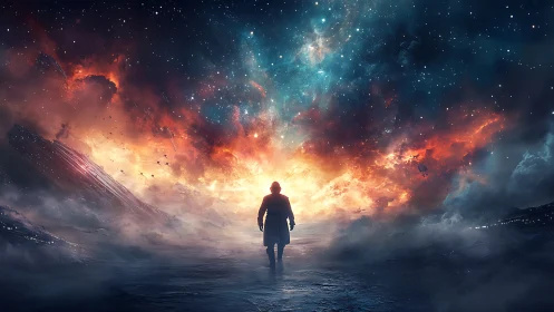 Lone explorer walks toward a blazing cosmic horizon of wonder