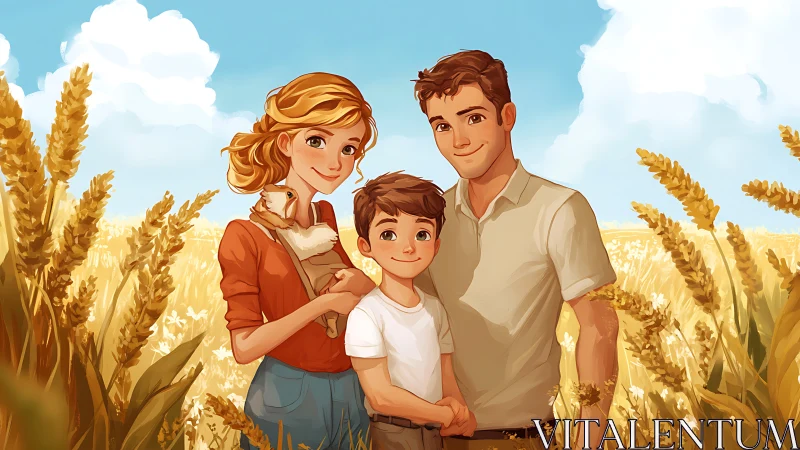 Family group positioned in wheat field under clear sky