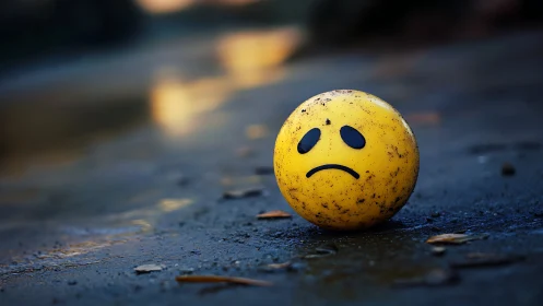 Yellow ball with sad face on wet ground at close range.