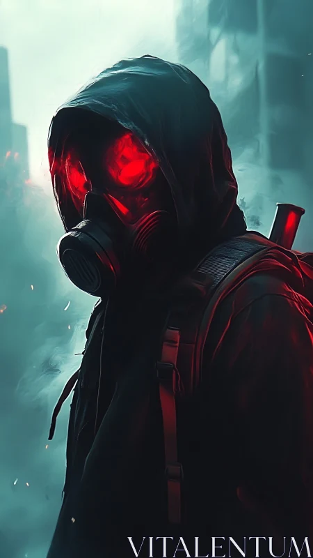 Hooded wasteland sentinel with red-luminous gas mask eyes