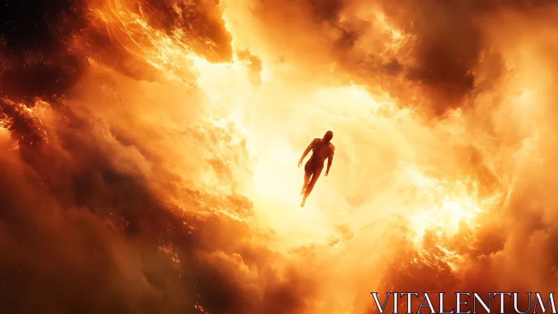 Figure ascending through bright swirling firestorm clouds.