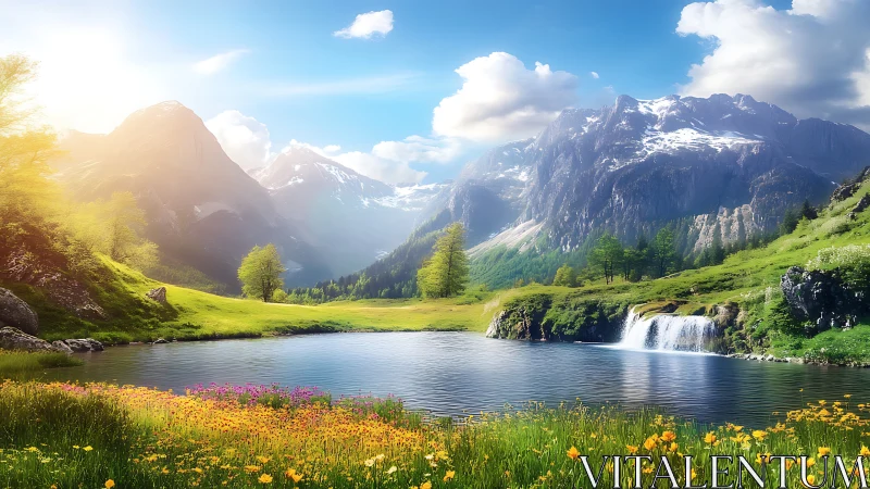 Sunlit alpine lake reflects snowcapped mountains and meadow