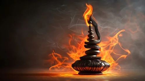 Ornamental Brass Lamp with Coiled Serpent Form Engulfed in Intense Flame