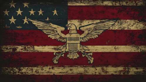 Weathered iron eagle streaks across a tattered flag sky