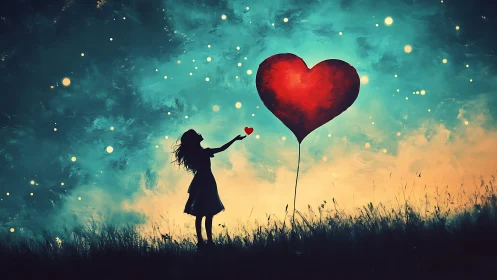 Silhouette Girl Reaching Glowing Heart Balloon