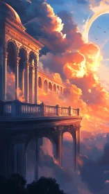 Sunlit sky palace rises through luminous sunset clouds