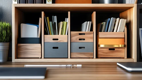 Cozy wooden desk organizer bringing calm order to papers.