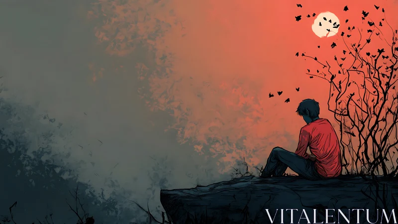 Solitary figure sits on cliff beneath red dusk sky