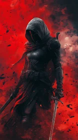 Digital painting of hooded dual-wield rogue in scarlet haze.