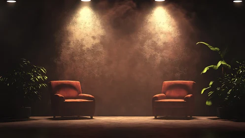 Symmetrical lounge scene uses warm spotlights on paired armchairs