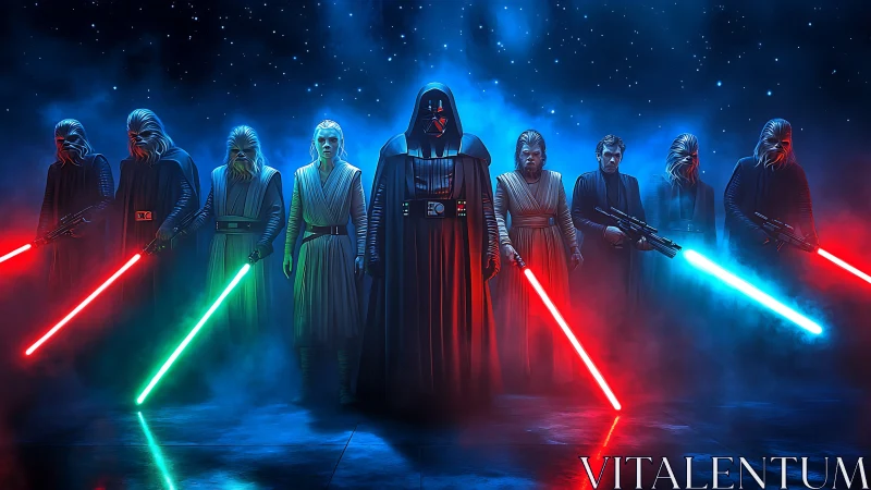 Sith warriors ignite glowing lightsabers in a nebula haze.