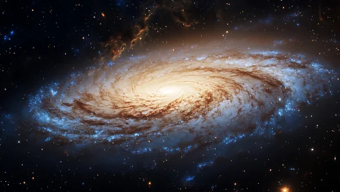 Spiral galaxy disc displays luminous core, dust lanes, star clusters
