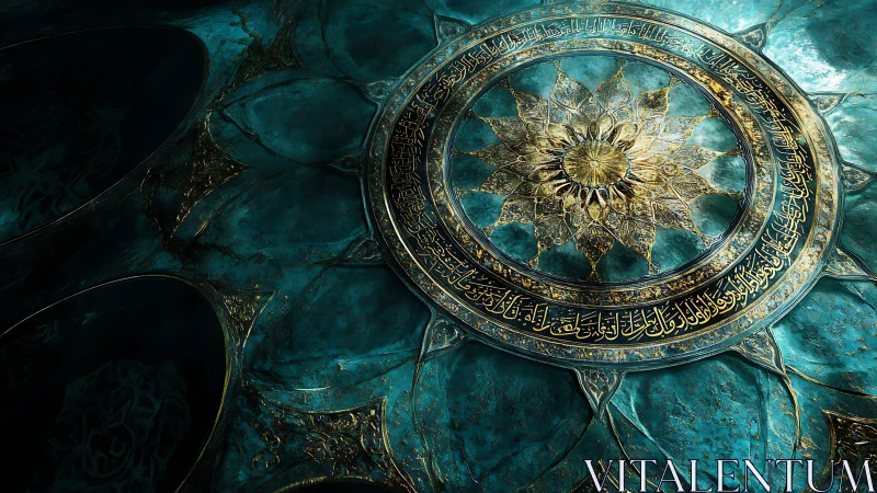 Intricate circular teal ceiling medallion with Arabic script