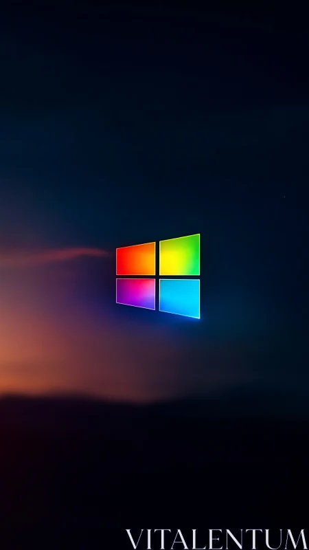 Minimalist glowing window logo over blurred dusk horizon.