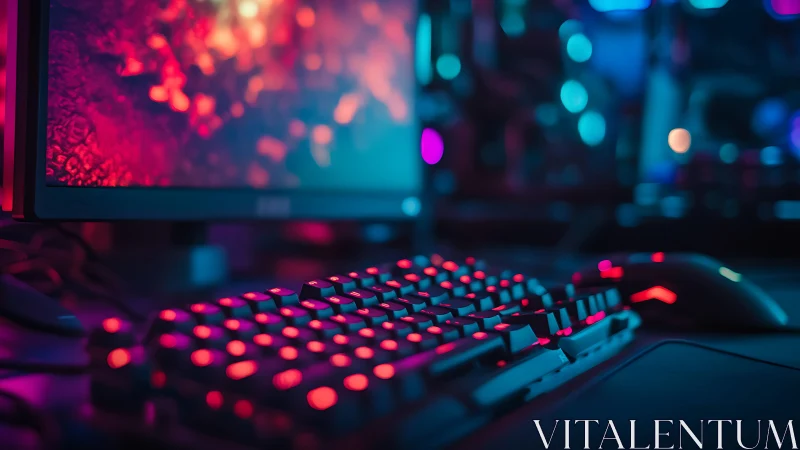 RGB backlit gaming keyboard glows beneath neon monitor display