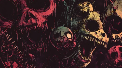 Grotesque skull creatures crowd dense horror illustration