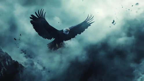Majestic Bald Eagle Soaring Through Moody Storm Clouds, Digital Art.
