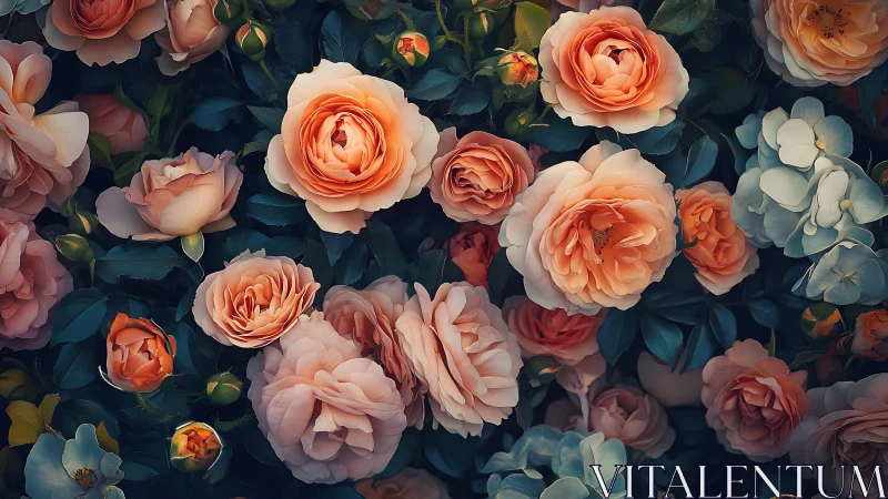 Garden Romance: Layered Roses in Cream and Coral Tones.
