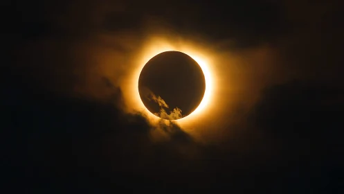 Solar eclipse corona encircling dark lunar silhouette.