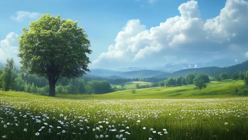 Lone tree stands over wildflower meadow beneath distant hills