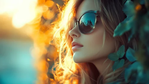 Sunlit daydreamer in mirrored shades and molten bokeh glow.