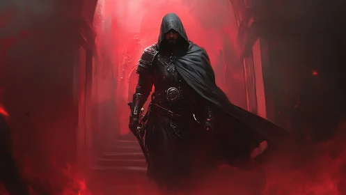 Midnight rogue strides through crimson-ghosted corridor