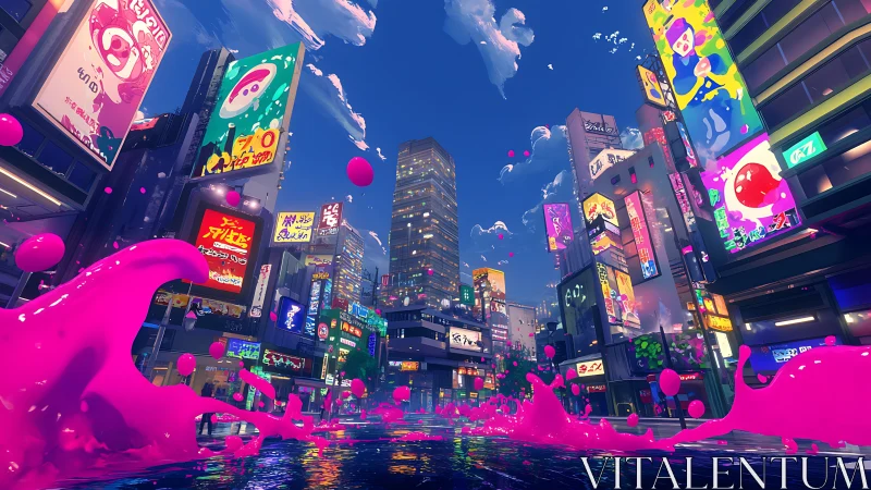 Neon skyline drenched in electric pink paint-splash chaos.