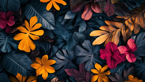 Tropical foliage pattern with teal leaves and vivid florals.