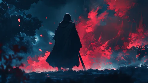 Cloaked sword figure before red illuminated forest backdrop.