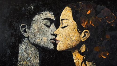 Two Figures in Profile with Crackled Surface Texture.