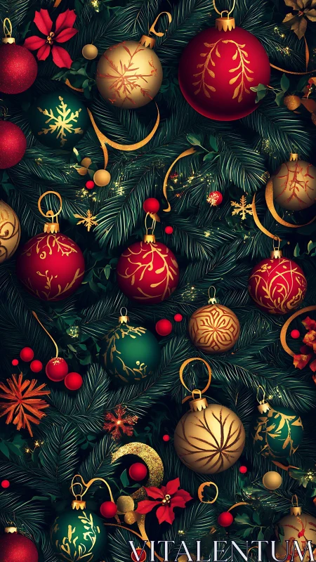 Dense Christmas baubles matrix over stylized fir foliage pattern