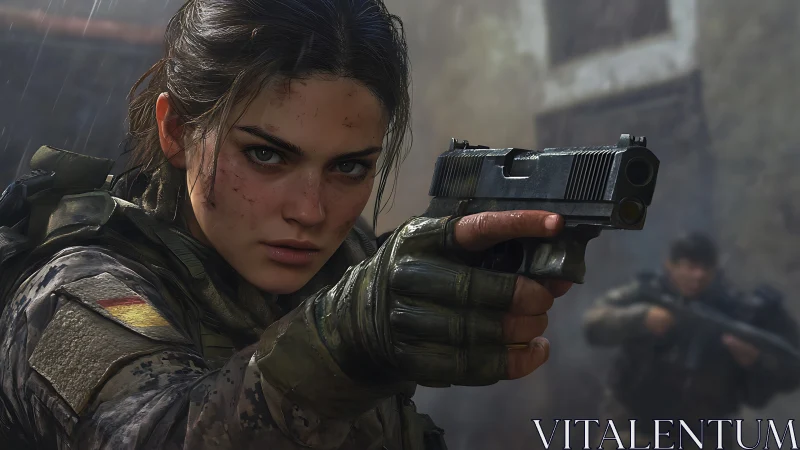 Storm-eyed soldier aims steel resolve through rain-soaked ruins.