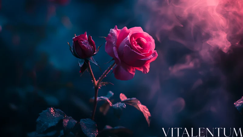 Rose with bud against deep blue background