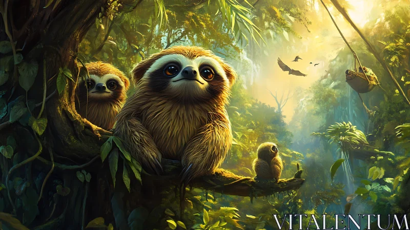 Cute sloths resting on jungle branches in warm sunlight.