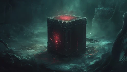 Large dark cube with red glowing core in misty ravine.