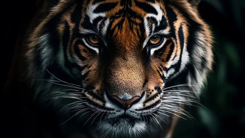 Close frontal view of a tiger face in low key lighting.