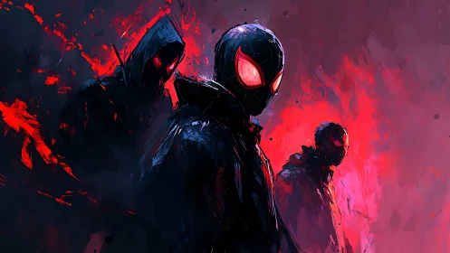 Triadic neon-suited vigilantes in high-contrast chromatic inferno.